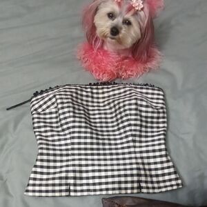 KAY UNGER  Black and White Silk Gingham and Sequin Strapless Top